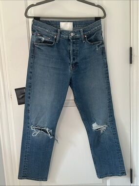 MOTHER Women's Distressed Blue Straight Jeans